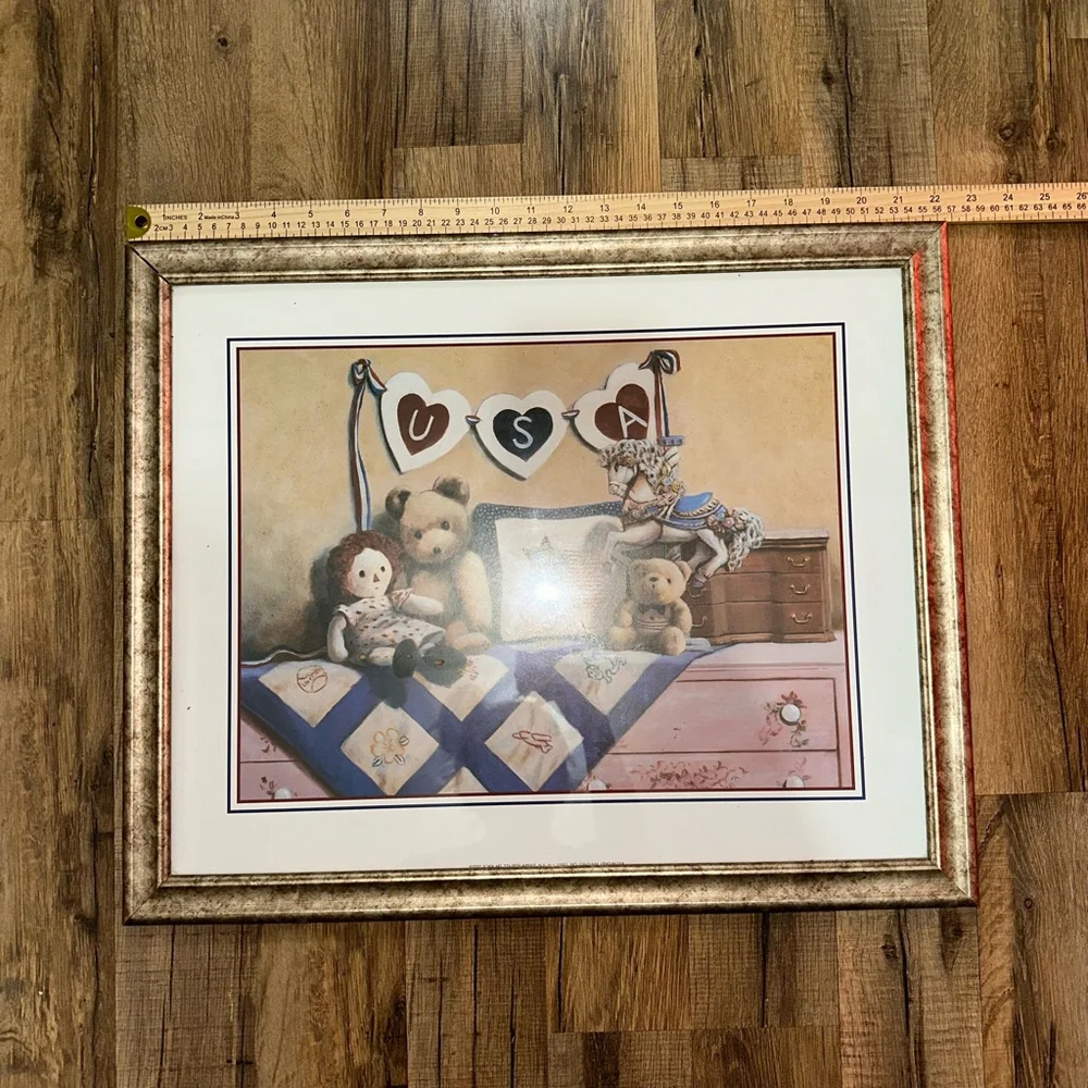 Scafa Art 2002 Framed USA Teddy Bear Print 24x20 Multi-color